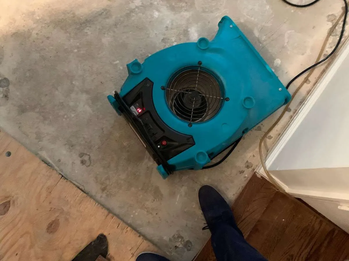 Air mover drying subfloor during Leak Detection & Repair in North Middleton